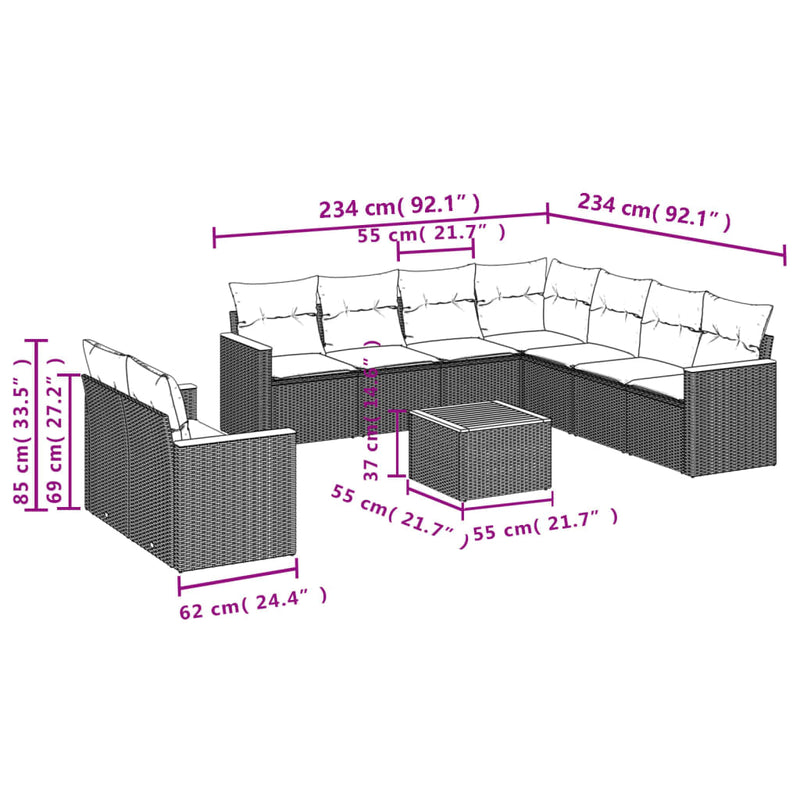 vidaXL 10 Piece Garden Sofa Set with Cushions Grey Poly Rattan