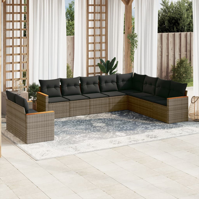 vidaXL 10 Piece Garden Sofa Set with Cushions Grey Poly Rattan