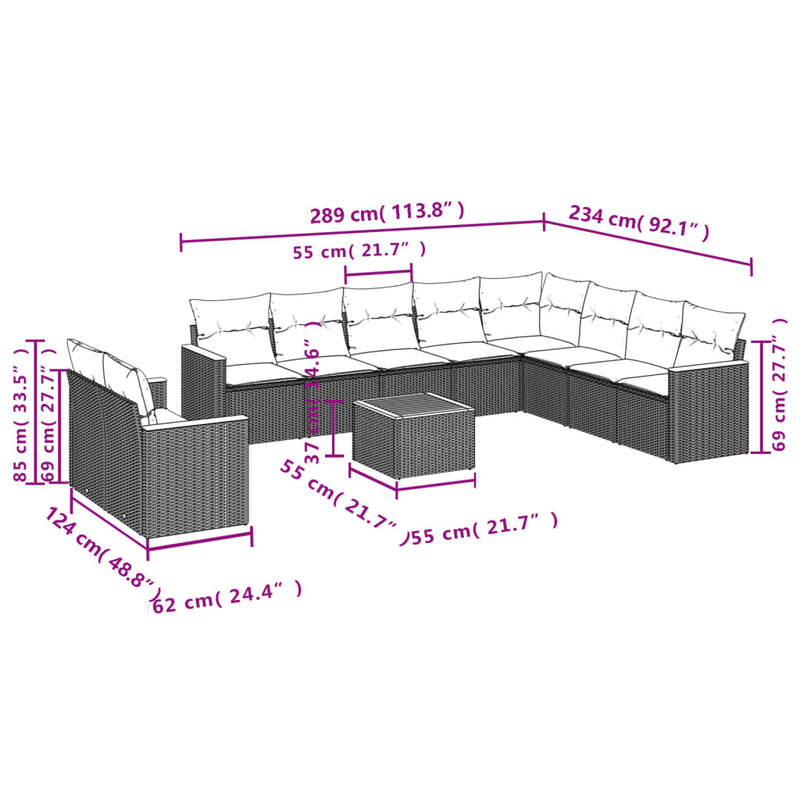 vidaXL 11 Piece Garden Sofa Set with Cushions Grey Poly Rattan
