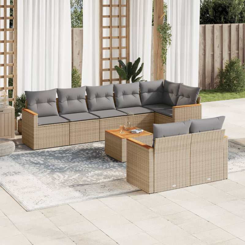 9 Piece Garden Sofa Set with Cushions Beige Poly Rattan