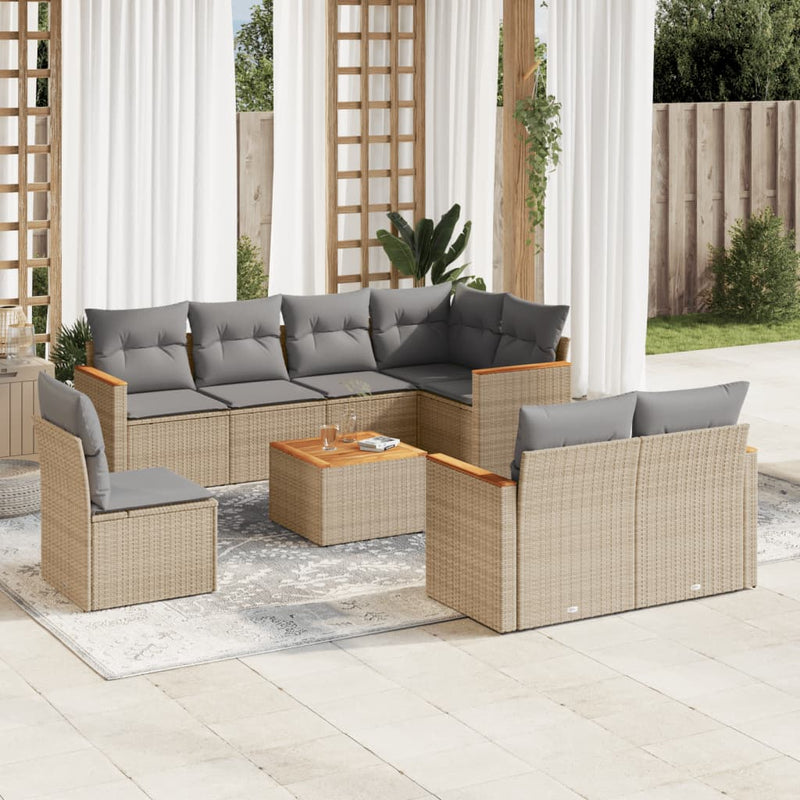 9 Piece Garden Sofa Set with Cushions Beige Poly Rattan