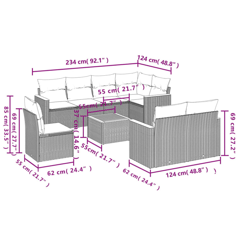 vidaXL 9 Piece Garden Sofa Set with Cushions Grey Poly Rattan