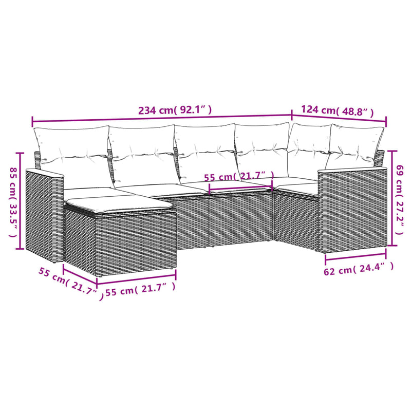 vidaXL 6 Piece Garden Sofa Set with Cushions Grey Poly Rattan