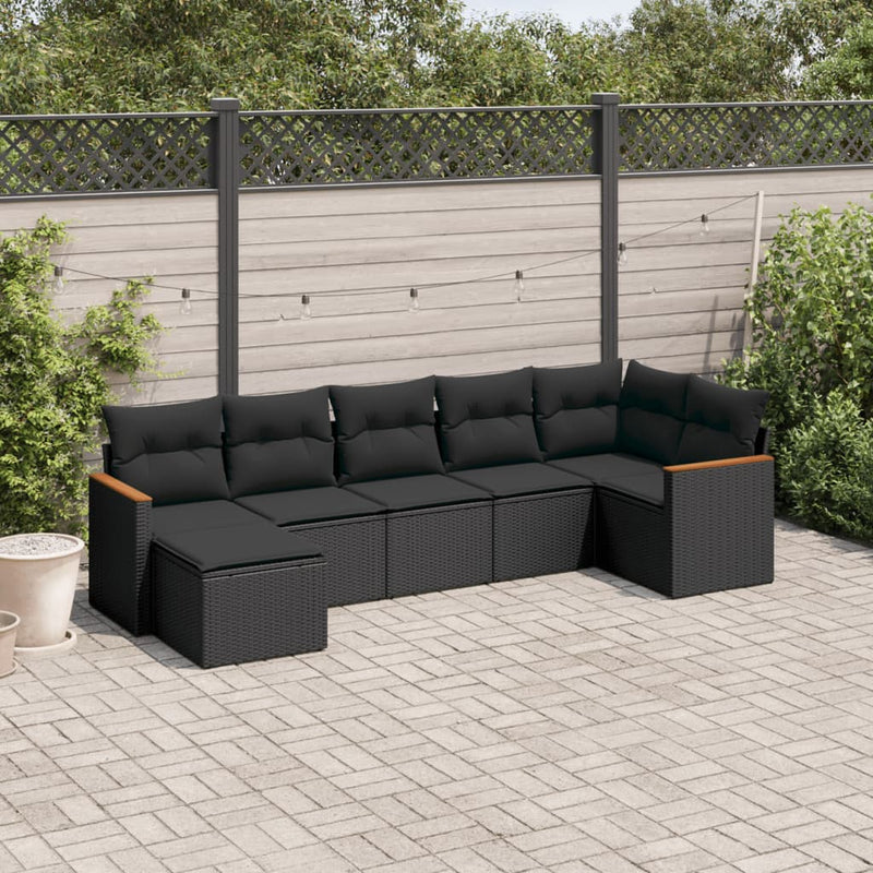 7 Piece Garden Sofa Set with Cushions Black Poly Rattan