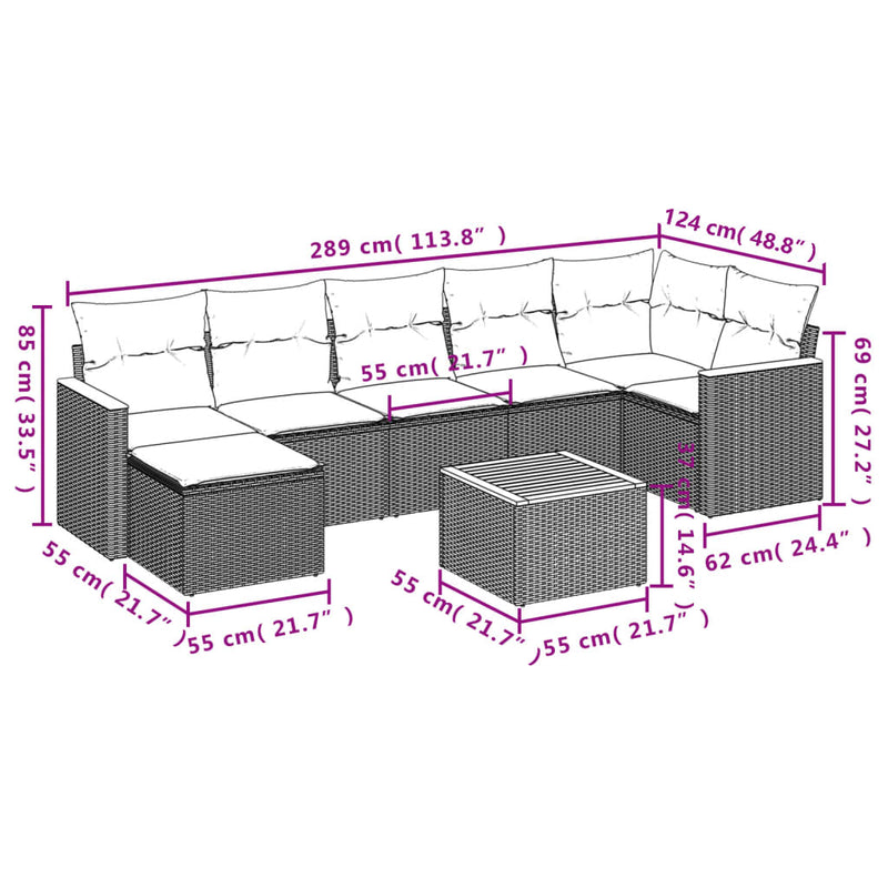 vidaXL 8 Piece Garden Sofa Set with Cushions Grey Poly Rattan