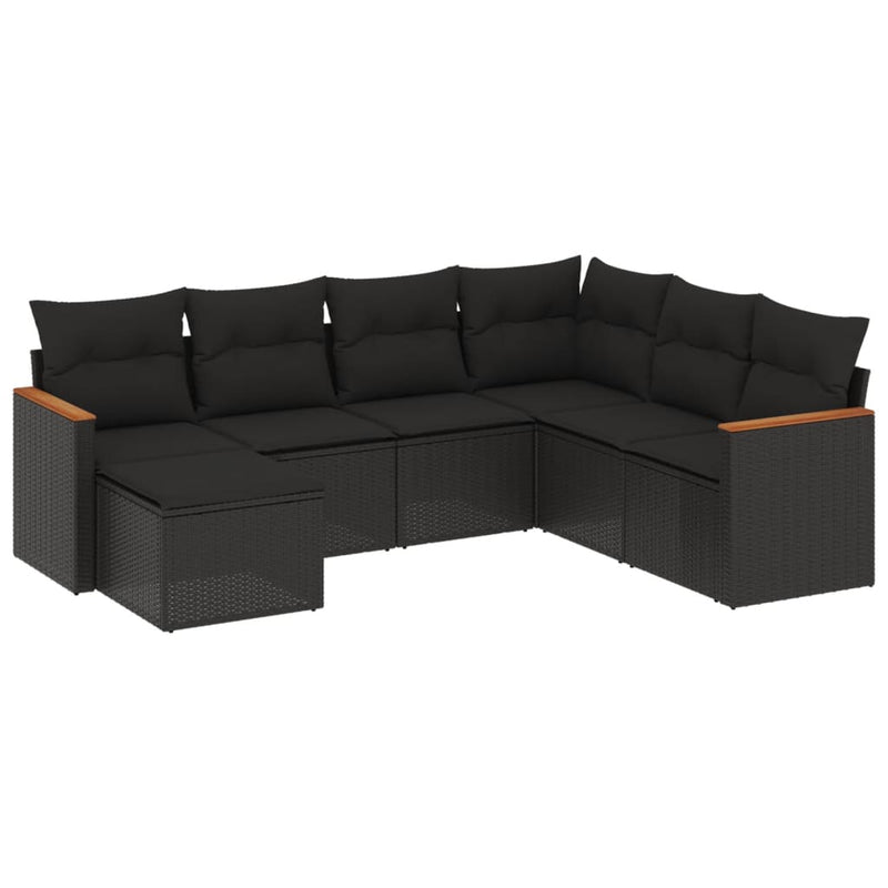 7 Piece Garden Sofa Set with Cushions Black Poly Rattan