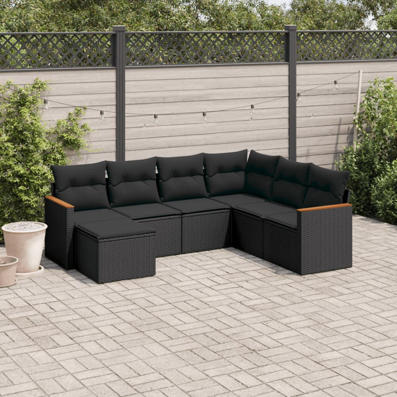 7 Piece Garden Sofa Set with Cushions Black Poly Rattan