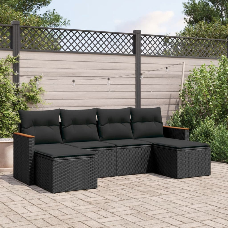 6 Piece Garden Sofa Set with Cushions Black Poly Rattan