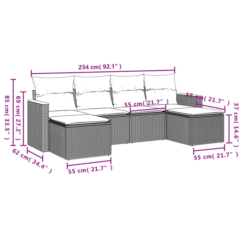 vidaXL 6 Piece Garden Sofa Set with Cushions Grey Poly Rattan