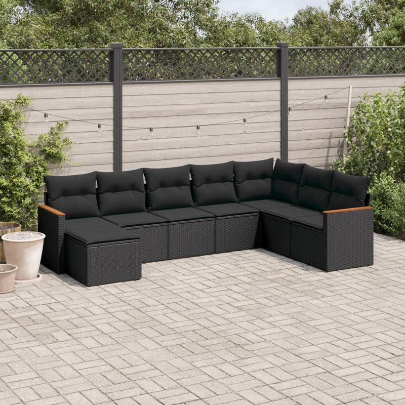 8 Piece Garden Sofa Set with Cushions Black Poly Rattan