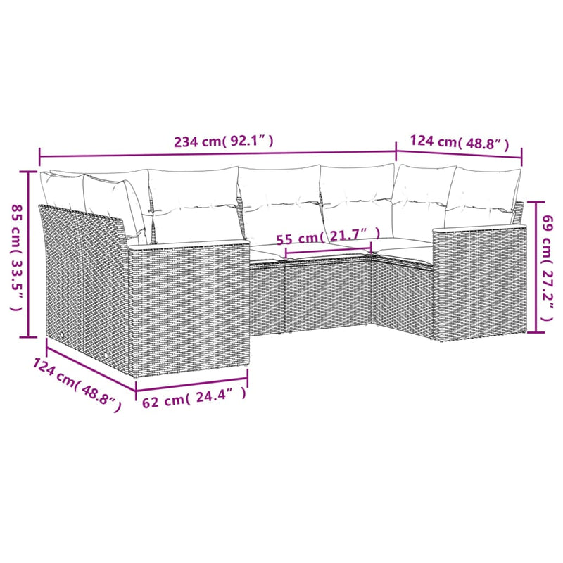 vidaXL 6 Piece Garden Sofa Set with Cushions Grey Poly Rattan
