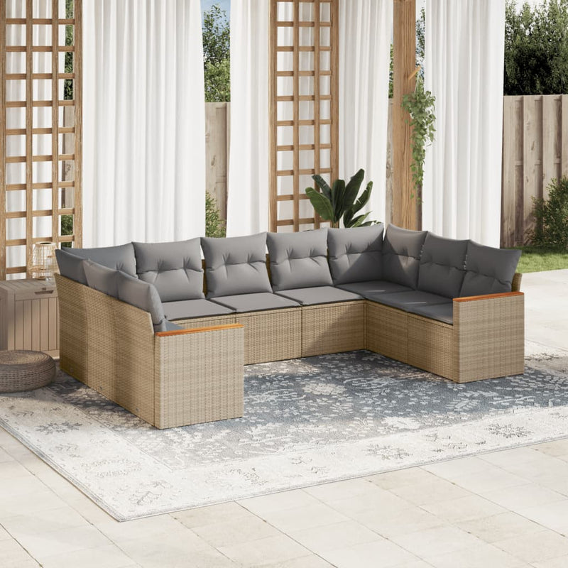 9 Piece Garden Sofa Set with Cushions Beige Poly Rattan