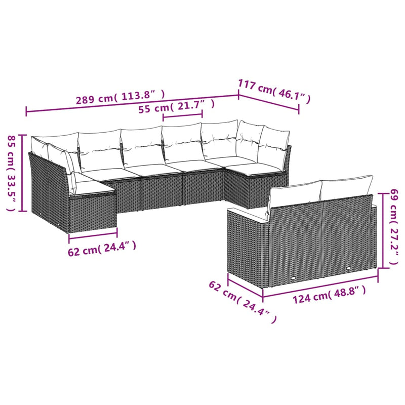 vidaXL 9 Piece Garden Sofa Set with Cushions Grey Poly Rattan