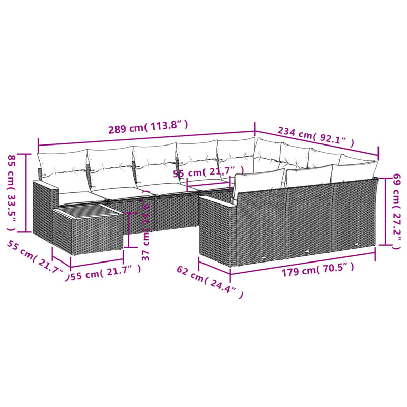vidaXL 11 Piece Garden Sofa Set with Cushions Grey Poly Rattan
