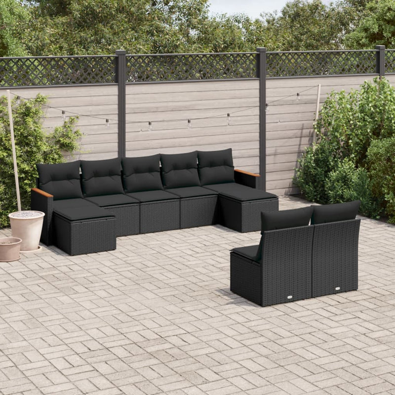 9 Piece Garden Sofa Set with Cushions Black Poly Rattan