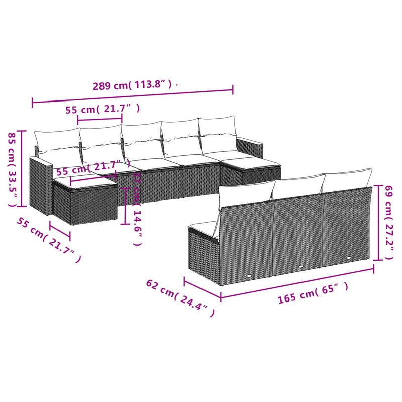 vidaXL 10 Piece Garden Sofa Set with Cushions Grey Poly Rattan