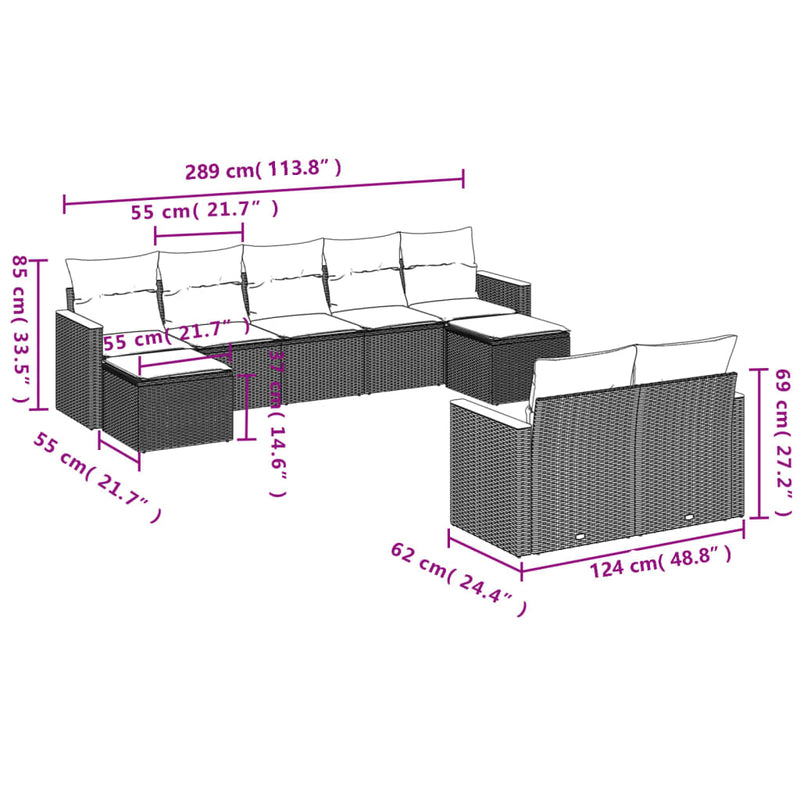 vidaXL 9 Piece Garden Sofa Set with Cushions Grey Poly Rattan
