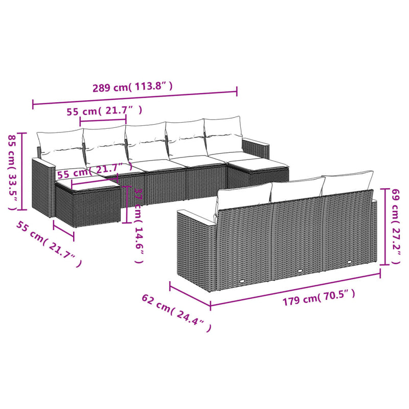 vidaXL 10 Piece Garden Sofa Set with Cushions Grey Poly Rattan