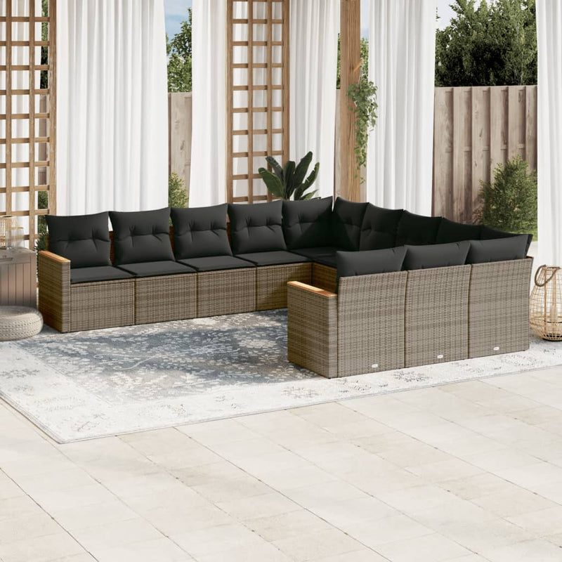 11 Piece Garden Sofa Set with Cushions Grey Poly Rattan