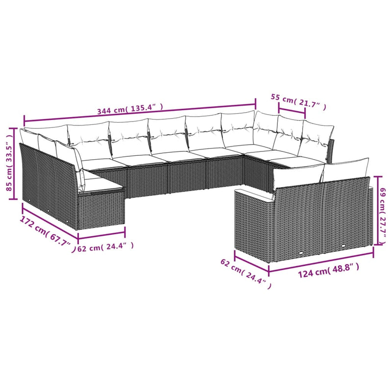 vidaXL 12 Piece Garden Sofa Set with Cushions Beige Poly Rattan
