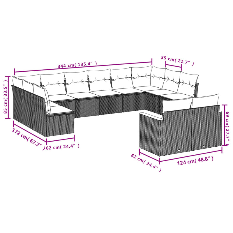 12 Piece Garden Sofa Set with Cushions Grey Poly Rattan