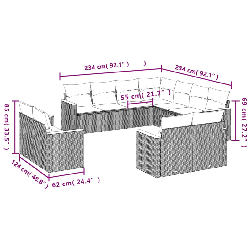 vidaXL 11 Piece Garden Sofa Set with Cushions Grey Poly Rattan
