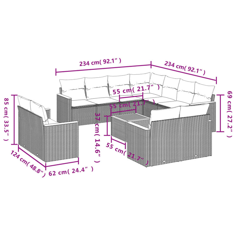 vidaXL 12 Piece Garden Sofa Set with Cushions Grey Poly Rattan