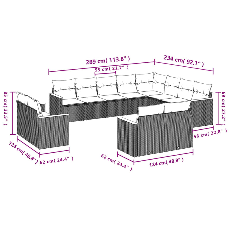 vidaXL 12 Piece Garden Sofa Set with Cushions Grey Poly Rattan