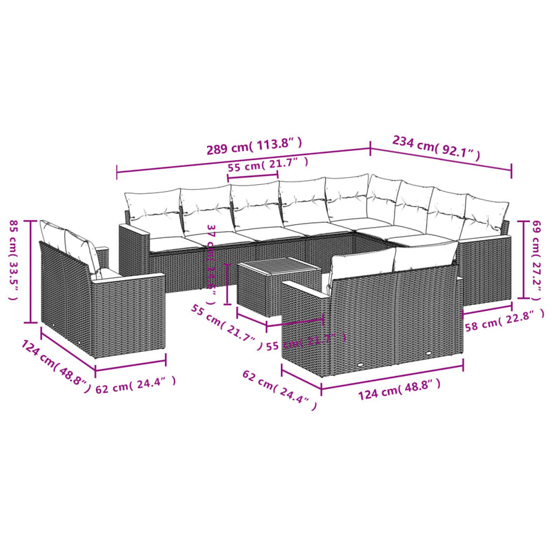 vidaXL 13 Piece Garden Sofa Set with Cushions Grey Poly Rattan