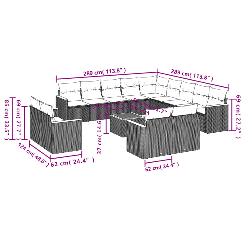 vidaXL 14 Piece Garden Sofa Set with Cushions Grey Poly Rattan