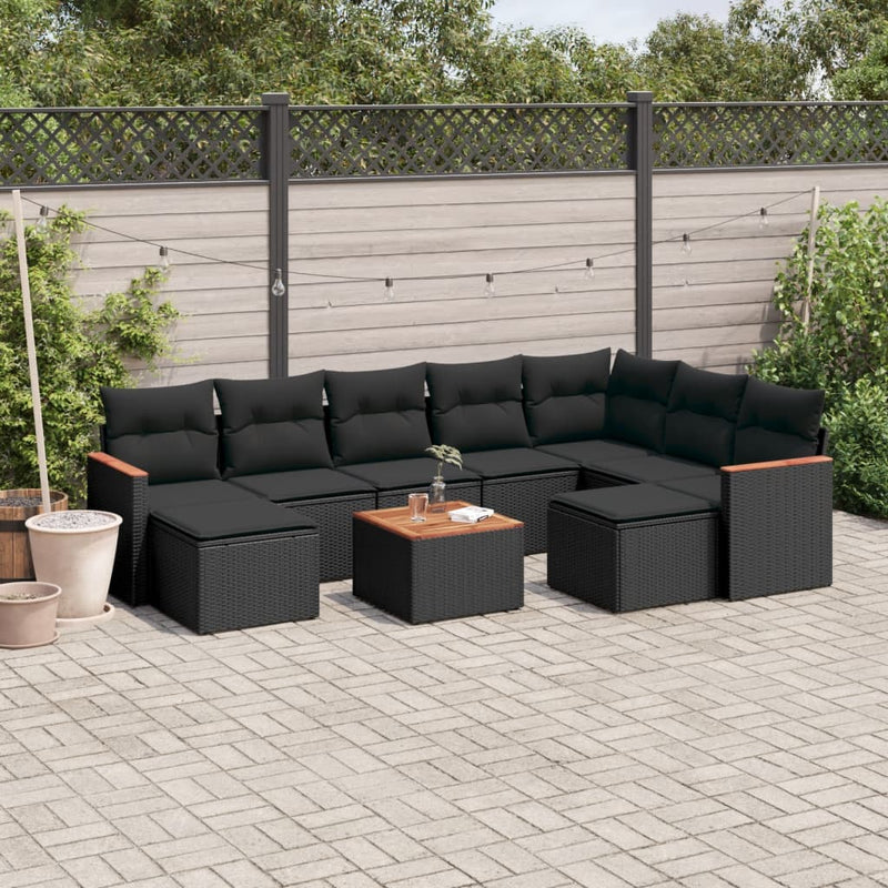 vidaXL 10 Piece Garden Sofa Set with Cushions Black Poly Rattan
