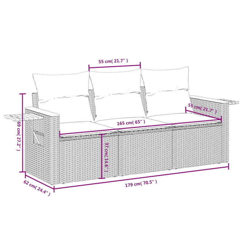 vidaXL 3 Piece Garden Sofa Set with Cushions Grey Poly Rattan