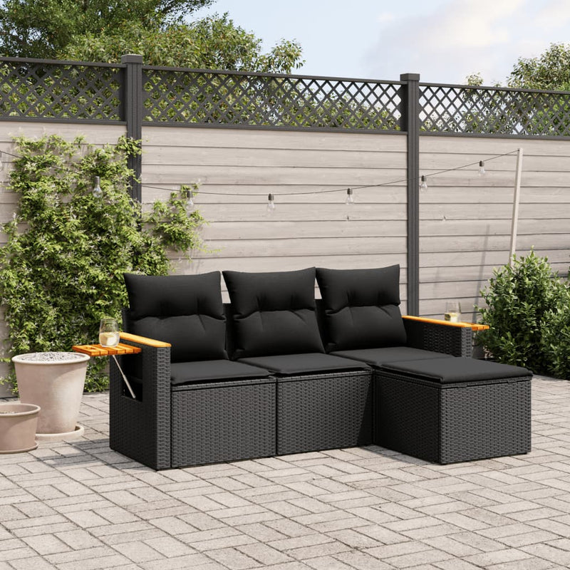 vidaXL 4 Piece Garden Sofa Set with Cushions Black Poly Rattan