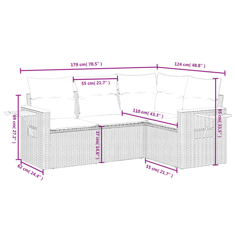 vidaXL 4 Piece Garden Sofa Set with Cushions Grey Poly Rattan