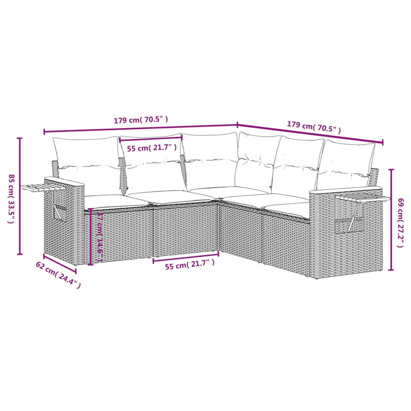 vidaXL 5 Piece Garden Sofa Set with Cushions Grey Poly Rattan