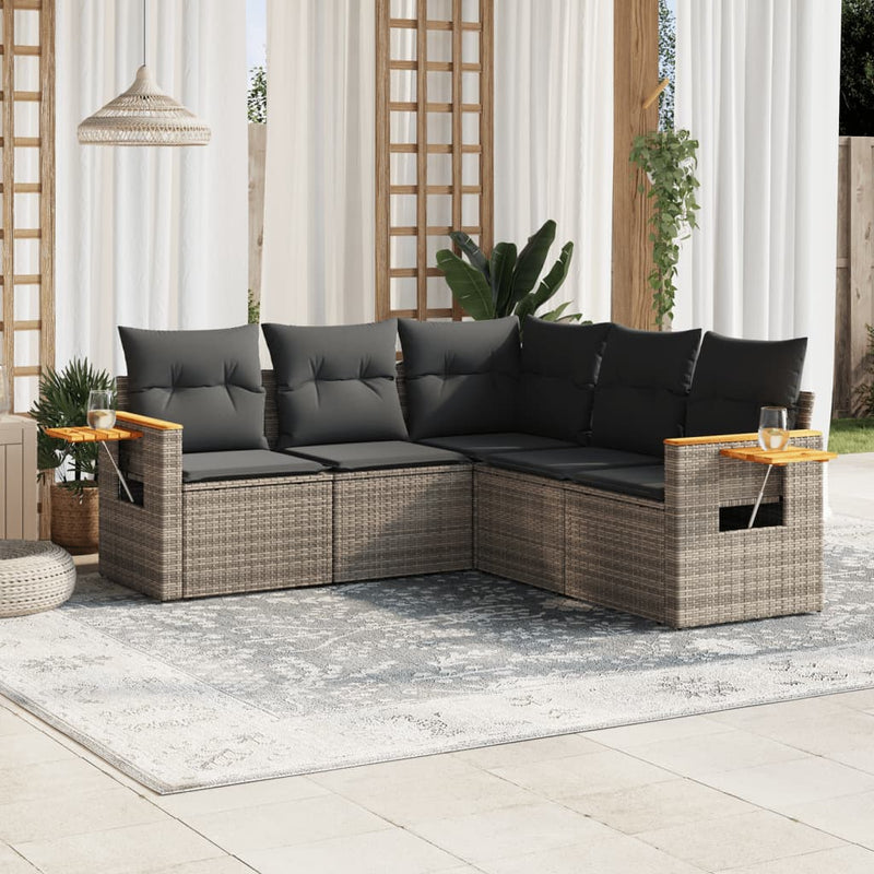 5 Piece Garden Sofa Set with Cushions Grey Poly Rattan