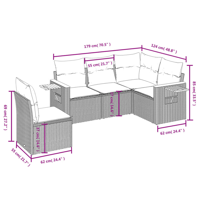vidaXL 5 Piece Garden Sofa Set with Cushions Black Poly Rattan