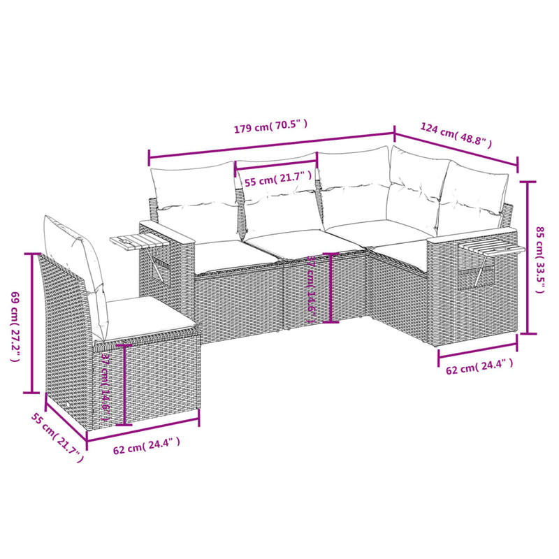vidaXL 5 Piece Garden Sofa Set with Cushions Grey Poly Rattan