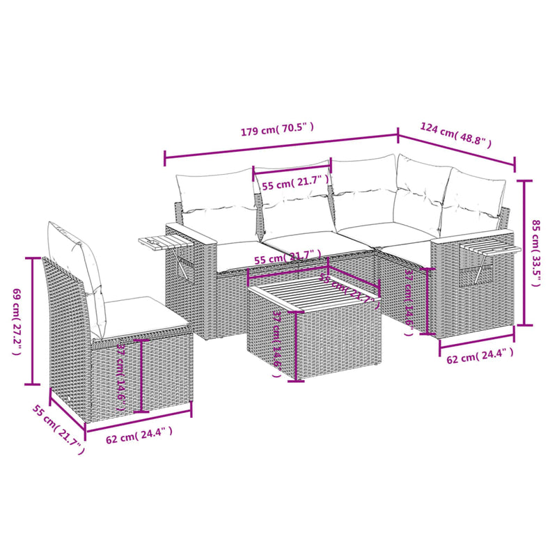 vidaXL 6 Piece Garden Sofa Set with Cushions Black Poly Rattan