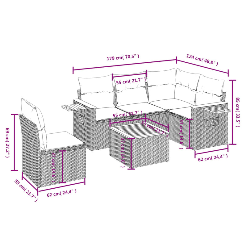 vidaXL 6 Piece Garden Sofa Set with Cushions Grey Poly Rattan