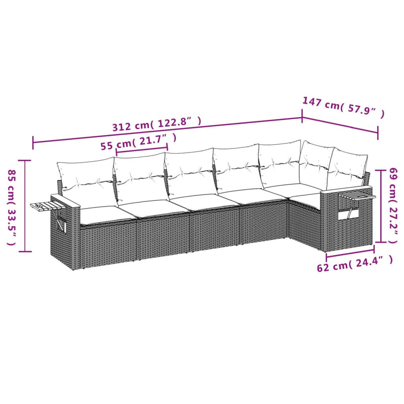 vidaXL 6 Piece Garden Sofa Set with Cushions Grey Poly Rattan