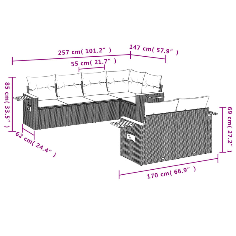 7 Piece Garden Sofa Set with Cushions Grey Poly Rattan