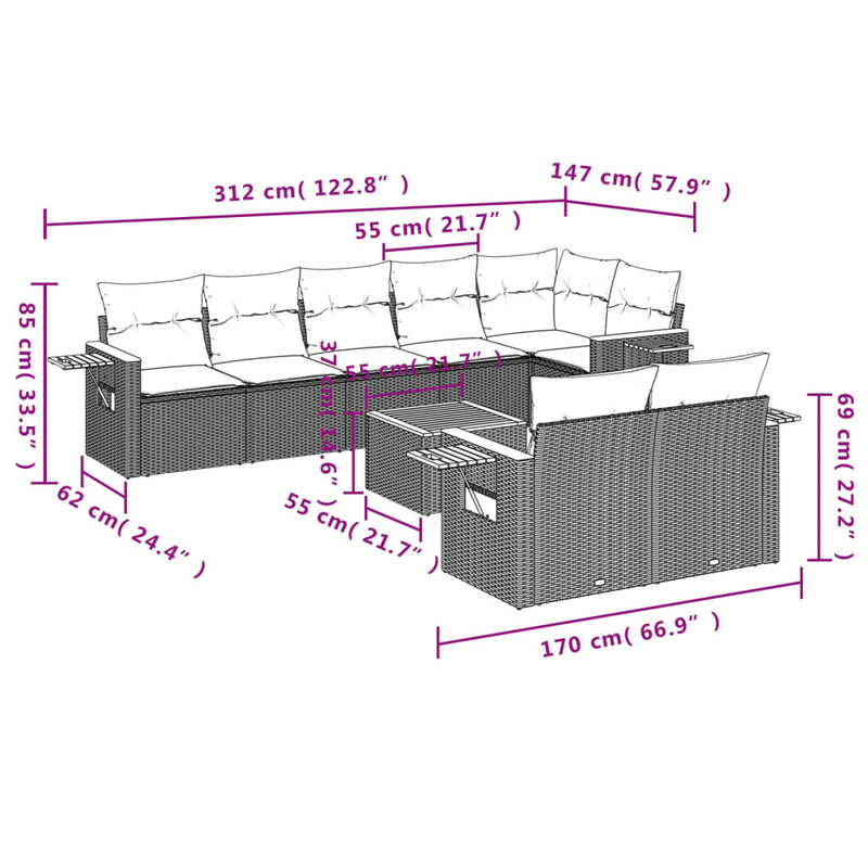 vidaXL 9 Piece Garden Sofa Set with Cushions Black Poly Rattan