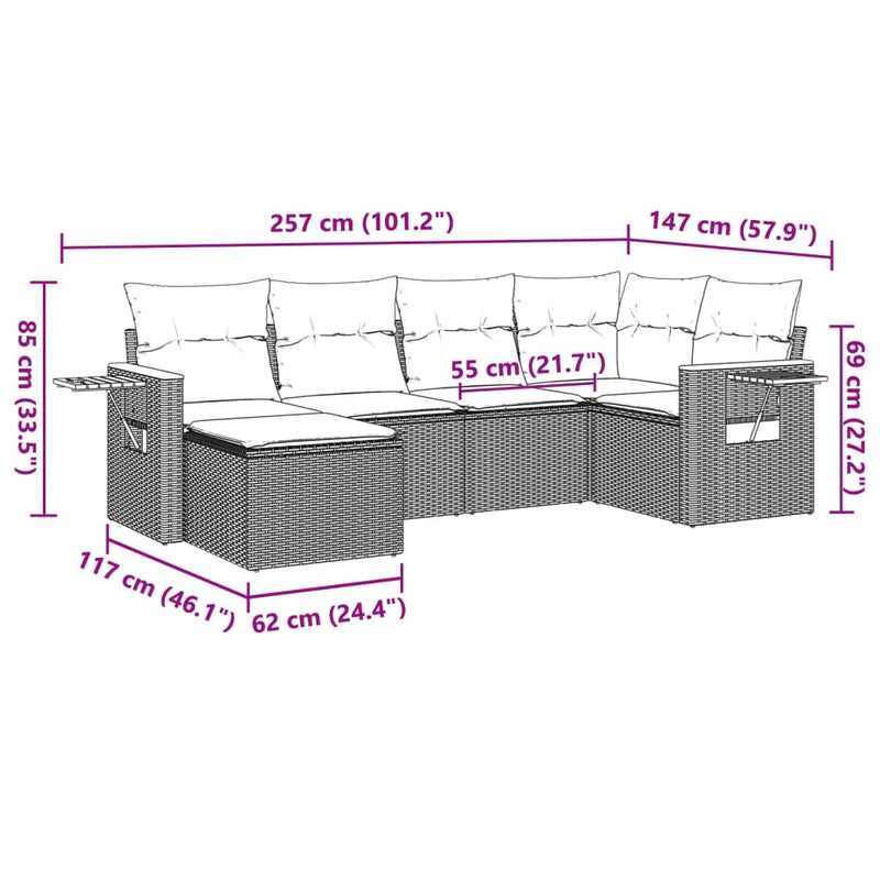 vidaXL 6 Piece Garden Sofa Set with Cushions Grey Poly Rattan