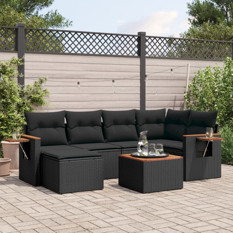 vidaXL 7 Piece Garden Sofa Set with Cushions Black Poly Rattan