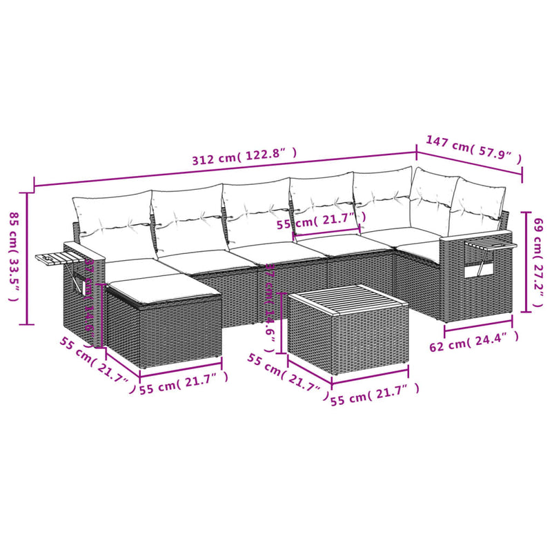 vidaXL 8 Piece Garden Sofa Set with Cushions Grey Poly Rattan