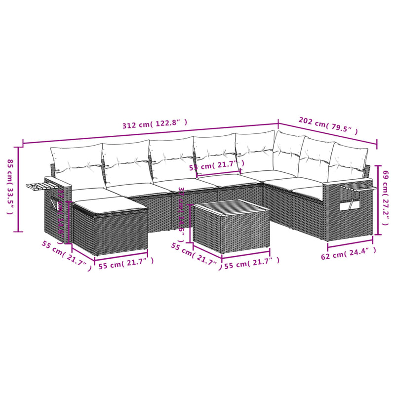 vidaXL 9 Piece Garden Sofa Set with Cushions Grey Poly Rattan