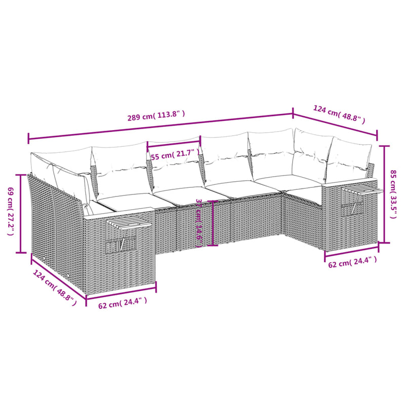 7 Piece Garden Sofa Set with Cushions Beige Poly Rattan