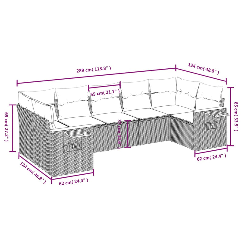 7 Piece Garden Sofa Set with Cushions Grey Poly Rattan