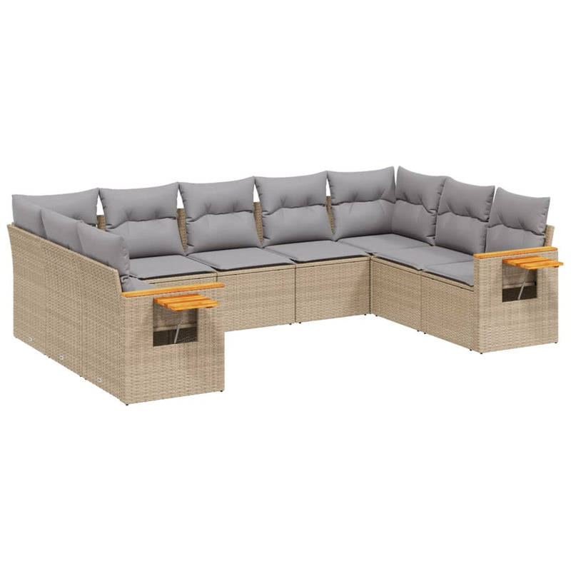 9 Piece Garden Sofa Set with Cushions Beige Poly Rattan